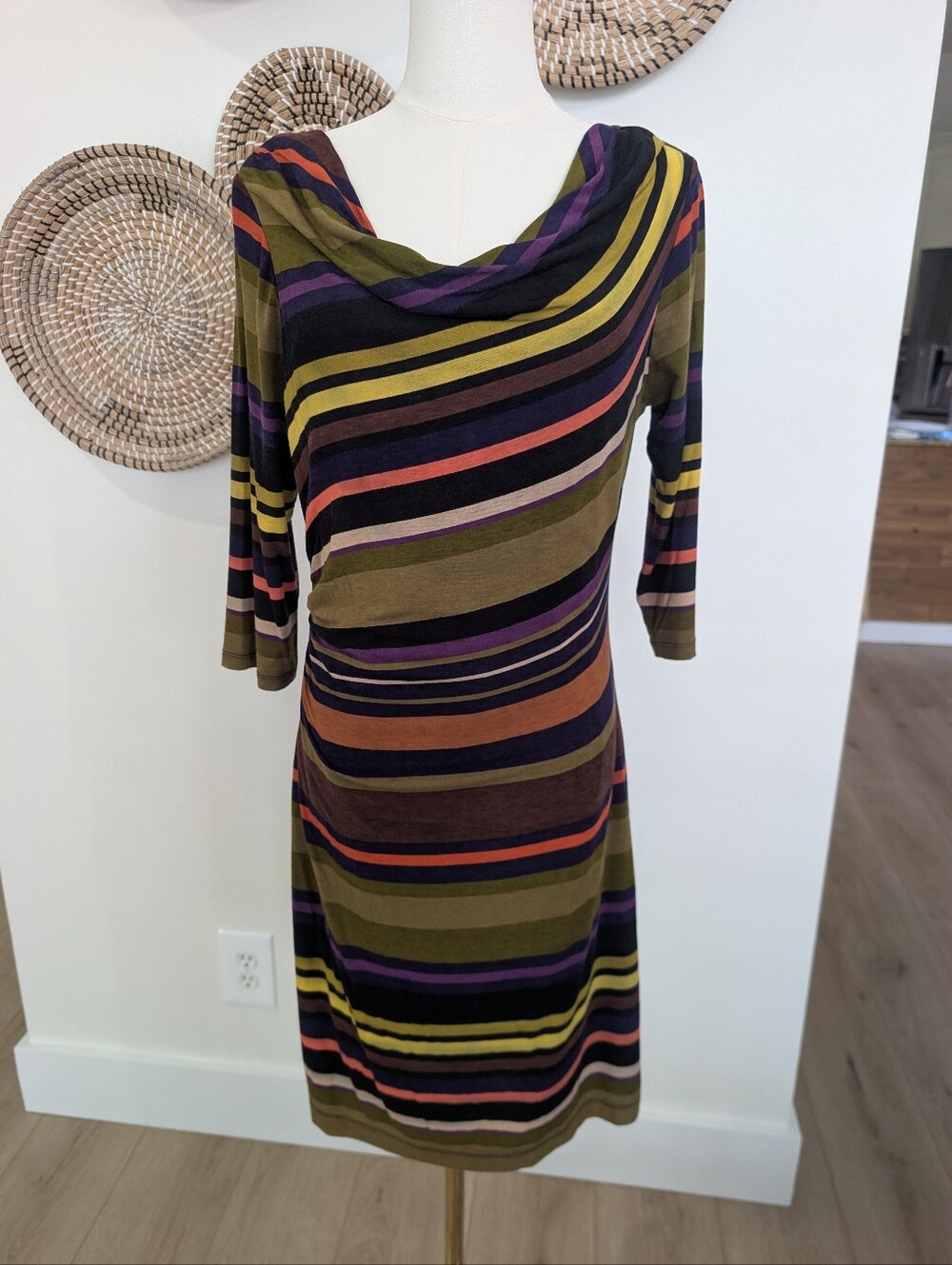 Ann Taylor LOFT Petite Striped Draped Cowl Neck Midi Dress Size Medium Petite